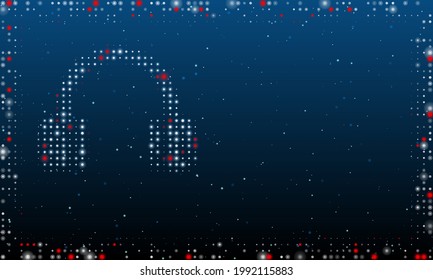 On the left is the headphones symbol filled with white dots. Pointillism style. Abstract futuristic frame of dots and circles. Some dots is red. Vector illustration on blue background with stars