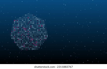 On the left is the heptagon symbol filled with white dots. Background pattern from dots and circles of different shades. Vector illustration on blue background with stars