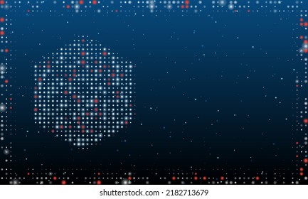 A la izquierda está el símbolo hexágono con puntos blancos. Estilo de puntillismo. Resumen marco futurista de puntos y círculos. Algunos puntos son rojos. Ilustración vectorial sobre fondo azul con estrellas