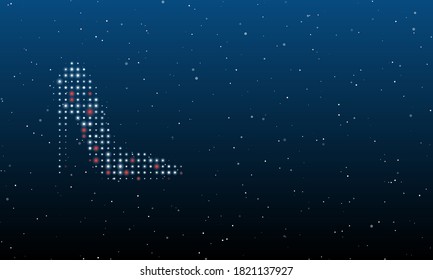 A la izquierda está el símbolo del zapato de tacón alto, lleno de puntos blancos. Patrón de fondo de puntos y círculos de diferentes matices. Algunos puntos son rojos. Ilustración vectorial sobre fondo azul con estrellas