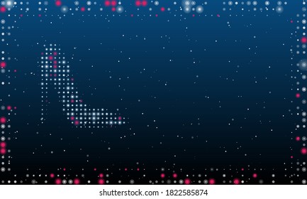 On the left is the High heel shoe symbol filled with white dots. Abstract futuristic frame of dots and circles. Some dots is pink. Vector illustration on blue background with stars