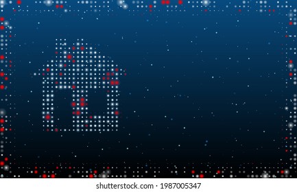 On the left is the house symbol filled with white dots. Pointillism style. Abstract futuristic frame of dots and circles. Some dots is red. Vector illustration on blue background with stars