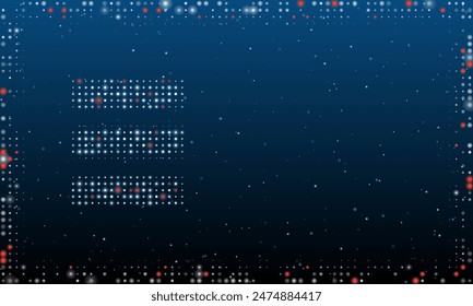 On the left is the identity symbol filled with white dots. Pointillism style. Abstract futuristic frame of dots and circles. Some dots is red. Vector illustration on blue background with stars