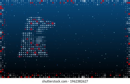 On the left is the industrial pollution symbol filled with white dots. Abstract futuristic frame of dots and circles. Vector illustration on blue background with stars
