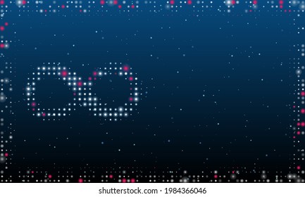 On the left is the infinity symbol filled with white dots. Pointillism style. Abstract futuristic frame of dots and circles. Some dots is pink. Vector illustration on blue background with stars