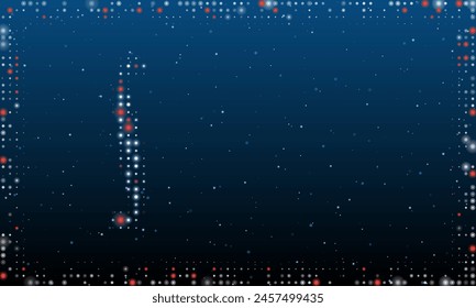On the left is the integral symbol filled with white dots. Pointillism style. Abstract futuristic frame of dots and circles. Some dots is red. Vector illustration on blue background with stars