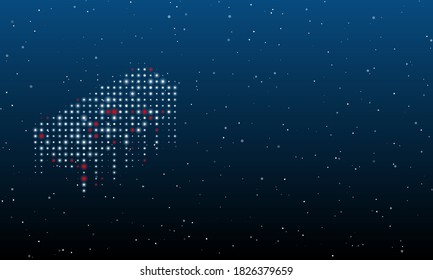 On the left is the integrated circuit symbol filled with white dots. Background pattern from dots and circles of different shades. Some dots is red. Vector illustration on blue background with stars