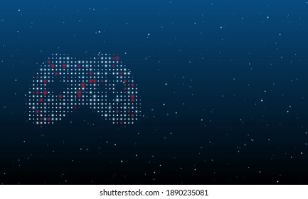 On the left is the joystick symbol filled with white dots. Background pattern from dots and circles of different shades. Vector illustration on blue background with stars