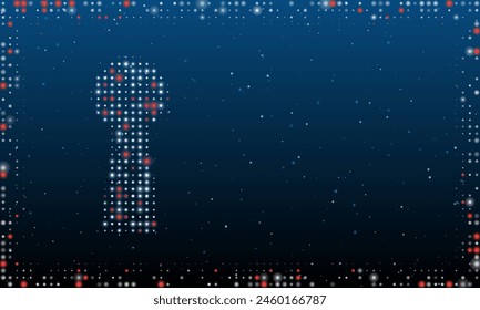 On the left is the keyhole symbol filled with white dots. Pointillism style. Abstract futuristic frame of dots and circles. Some dots is red. Vector illustration on blue background with stars