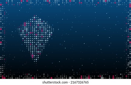 On the left is the kite symbol filled with white dots. Pointillism style. Abstract futuristic frame of dots and circles. Some dots is pink. Vector illustration on blue background with stars