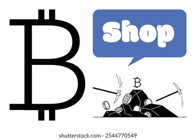 A la izquierda hay un Grande símbolo de Bitcoin, mientras que a la derecha hay una burbuja de discurso azul con la palabra Tienda. A continuación se presentan selecciones de dibujos animados minando Bitcoin. Ideal para criptomonedas, minería, comercio electrónico, finanzas