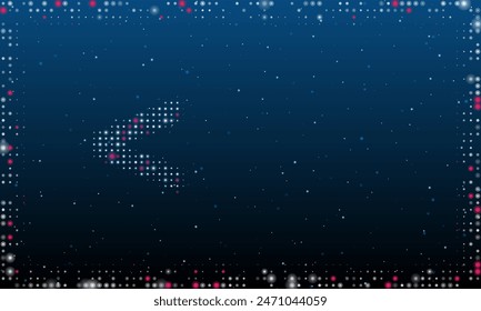 On the left is the less symbol filled with white dots. Pointillism style. Abstract futuristic frame of dots and circles. Some dots is pink. Vector illustration on blue background with stars