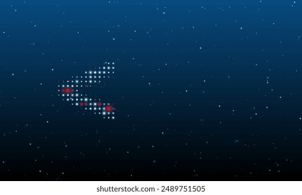 On the left is the less symbol filled with white dots. Background pattern from dots and circles of different shades. Vector illustration on blue background with stars
