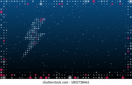 On the left is the lightning symbol filled with white dots. Abstract futuristic frame of dots and circles. Some dots is pink. Vector illustration on blue background with stars