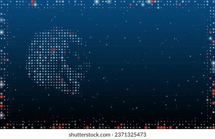 On the left is the lion head symbol filled with white dots. Pointillism style. Abstract futuristic frame of dots and circles. Some dots is red. Vector illustration on blue background with stars