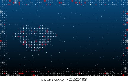 On the left is the lips symbol filled with white dots. Pointillism style. Abstract futuristic frame of dots and circles. Some dots is red. Vector illustration on blue background with stars