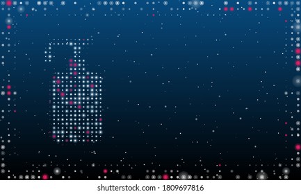 On the left is the liquid soap symbol filled with white dots. Abstract futuristic frame of dots and circles. Some dots is pink. Vector illustration on blue background with stars