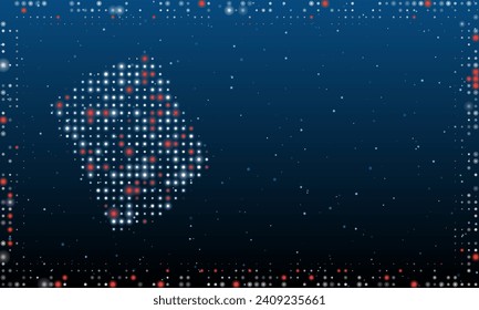 On the left is the magic book symbol filled with white dots. Pointillism style. Abstract futuristic frame of dots and circles. Some dots is red. Vector illustration on blue background with stars