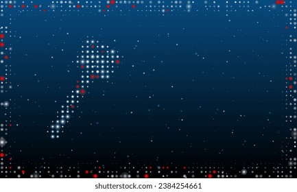 On the left is the mallet symbol filled with white dots. Pointillism style. Abstract futuristic frame of dots and circles. Some dots is red. Vector illustration on blue background with stars