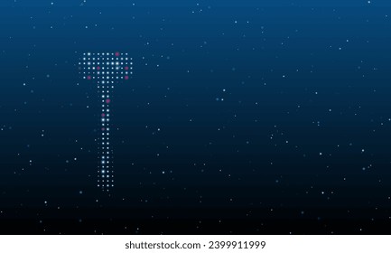 On the left is the mallet symbol filled with white dots. Background pattern from dots and circles of different shades. Vector illustration on blue background with stars