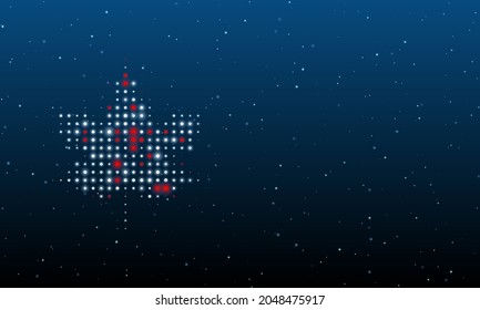 On the left is the maple leaf symbol filled with white dots. Background pattern from dots and circles of different shades. Vector illustration on blue background with stars