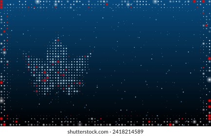 On the left is the maple leaf symbol filled with white dots. Pointillism style. Abstract futuristic frame of dots and circles. Some dots is red. Vector illustration on blue background with stars