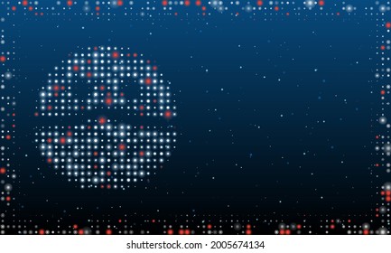 A la izquierda está el símbolo de la cara enmascarada con puntos blancos. Estilo de puntillismo. Resumen marco futurista de puntos y círculos. Algunos puntos son rojos. Ilustración vectorial sobre fondo azul con estrellas
