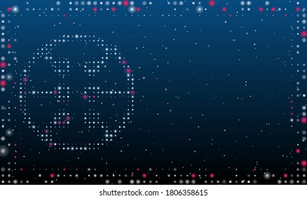 A la izquierda está el símbolo del microcircuito lleno de puntos blancos. Resumen marco futurista de puntos y círculos. Algunos puntos son rosas. Ilustración vectorial sobre fondo azul con estrellas