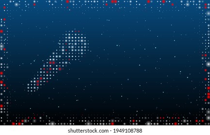 On the left is the microphone symbol filled with white dots. Pointillism style. Abstract futuristic frame of dots and circles. Some dots is red. Vector illustration on blue background with stars