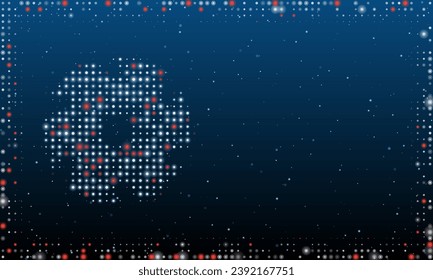 Auf der linken Seite befindet sich das Frässymbol mit weißen Punkten. Pointillismus-Stil. Abstrakter futuristischer Rahmen von Punkten und Kreisen. Einige Punkte sind rot. Vektorgrafik auf blauem Hintergrund mit Sternen