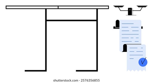 On the left, a minimalist desk with a side view. On the right, a long financial document with a blue checkmark and a balance scale at the top. Ideal for finance, office decor, business analysis