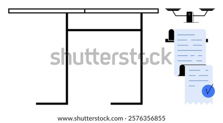 On the left, a minimalist desk with a side view. On the right, a long financial document with a blue checkmark and a balance scale at the top. Ideal for finance, office decor, business analysis