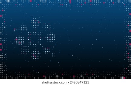 On the left is the molecule symbol filled with white dots. Pointillism style. Abstract futuristic frame of dots and circles. Some dots is pink. Vector illustration on blue background with stars