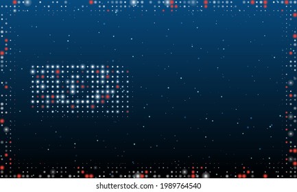 On the left is the money bundle symbol filled with white dots. Pointillism style. Abstract futuristic frame of dots and circles. Some dots is red. Vector illustration on blue background with stars