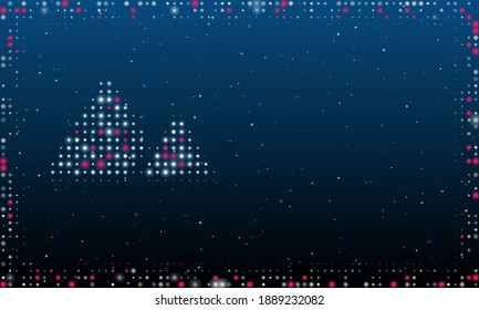 Auf der linken Seite ist das Bergsymbol gefüllt mit weißen Punkten. Pointillismus-Stil. Abstrakter futuristischer Rahmen von Punkten und Kreisen. Einige Punkte sind rosa. Vektorgrafik auf blauem Hintergrund mit Sternen