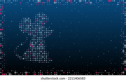 On the left is the mouse symbol filled with white dots. Pointillism style. Abstract futuristic frame of dots and circles. Some dots is pink. Vector illustration on blue background with stars