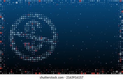 Auf der linken Seite befindet sich das No-Dollar-Symbol mit weißen Punkten. Pointillismus-Stil. Abstrakter futuristischer Rahmen von Punkten und Kreisen. Einige Punkte sind rot. Vektorgrafik auf blauem Hintergrund mit Sternen