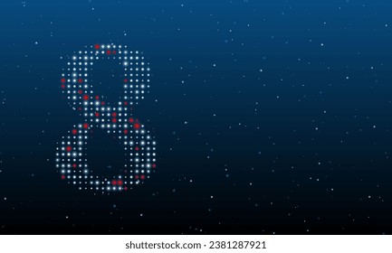 A la izquierda está el símbolo número ocho rellenado con puntos blancos. Patrón de fondo de puntos y círculos de diferentes matices. Ilustración vectorial sobre fondo azul con estrellas