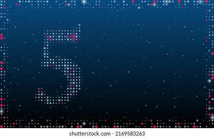 On the left is the number five symbol filled with white dots. Pointillism style. Abstract futuristic frame of dots and circles. Some dots is pink. Vector illustration on blue background with stars