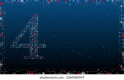 Auf der linken Seite ist die Zahl vier Symbol gefüllt mit weißen Punkten. Pointillismus-Stil. Abstrakter futuristischer Rahmen von Punkten und Kreisen. Einige Punkte sind rot. Vektorgrafik auf blauem Hintergrund mit Sternen