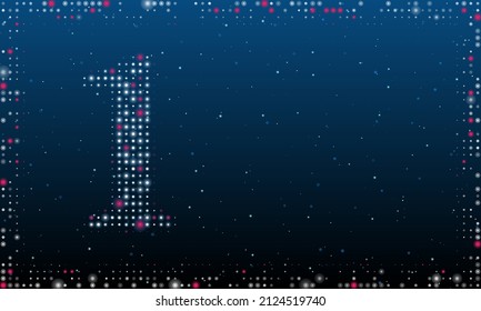 Links ist das Symbol Nummer 1, das mit weißen Punkten gefüllt ist. Pointillismus-Stil. Abstrakter futuristischer Rahmen von Punkten und Kreisen. Einige Punkte sind rosa. Vektorgrafik auf blauem Hintergrund mit Sternen