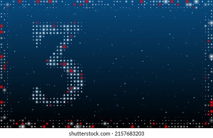 On the left is the number three symbol filled with white dots. Pointillism style. Abstract futuristic frame of dots and circles. Some dots is red. Vector illustration on blue background with stars
