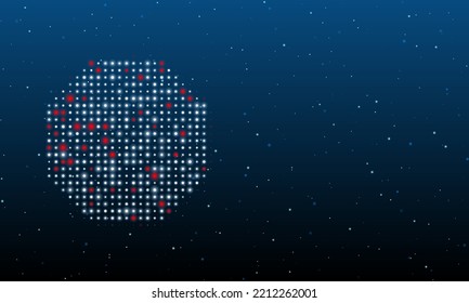 On the left is the octagon symbol filled with white dots. Background pattern from dots and circles of different shades. Vector illustration on blue background with stars