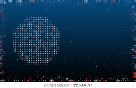 On the left is the octagon symbol filled with white dots. Pointillism style. Abstract futuristic frame of dots and circles. Some dots is red. Vector illustration on blue background with stars