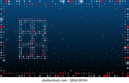 On the left is the office building symbol filled with white dots. Abstract futuristic frame of dots and circles. Some dots is red. Vector illustration on blue background with stars