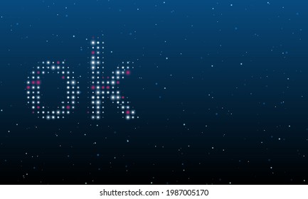 On the left is the ok symbol filled with white dots. Background pattern from dots and circles of different shades. Vector illustration on blue background with stars