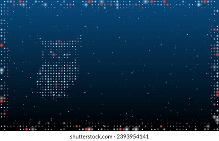 On the left is the owl symbol filled with white dots. Pointillism style. Abstract futuristic frame of dots and circles. Some dots is red. Vector illustration on blue background with stars