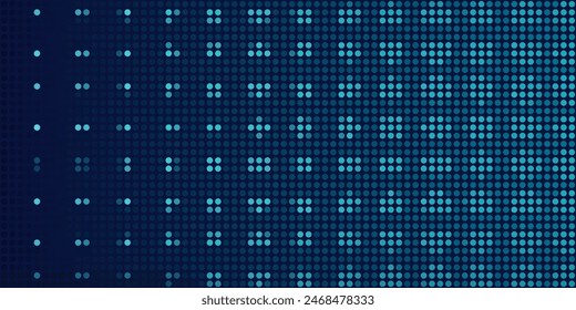 On the left is the owl symbol filled with white dots. Pointillism style. Abstract futuristic frame of dots and circles. Some dots is red. Vector illustration on blue