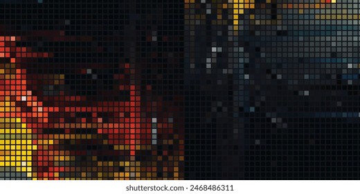 On the left is the owl symbol filled with white dots. Pointillism style. Abstract futuristic frame of dots and circles. Some dots is red. Vector illustration on blue