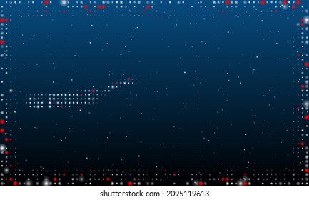 On the left is the pan symbol filled with white dots. Pointillism style. Abstract futuristic frame of dots and circles. Some dots is red. Vector illustration on blue background with stars
